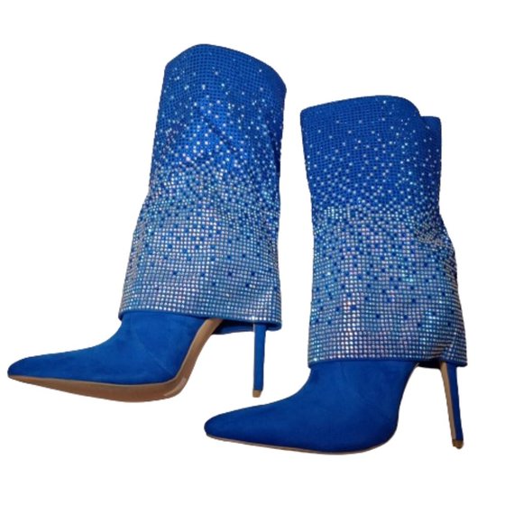 Vivianly Womens Pointed Toe Stiletto Heel Rhinestones Mid-Calf Boots Size 9 Blue - Picture 6 of 10
